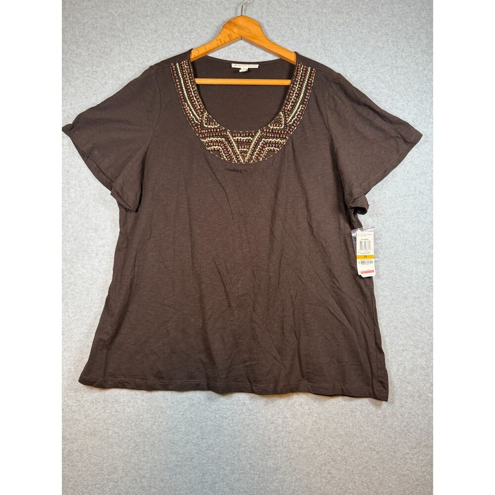 JM Collection Woman 3X Brown Beaded Embellished Cotton Scoop Neck Top NWT 3893